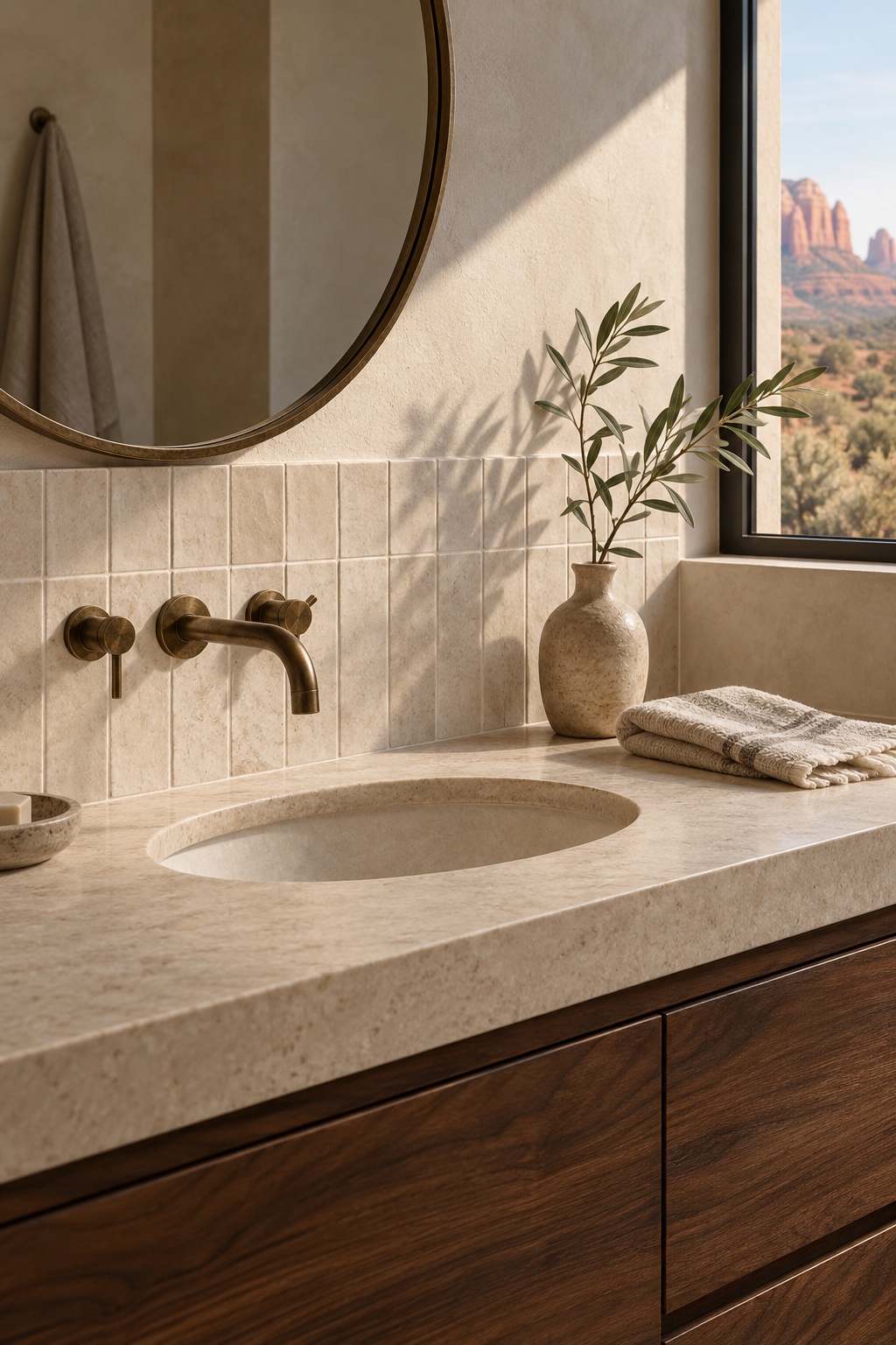 Design inspiration: handmade-look tile, brass fixtures, and a limestone bathroom vanity